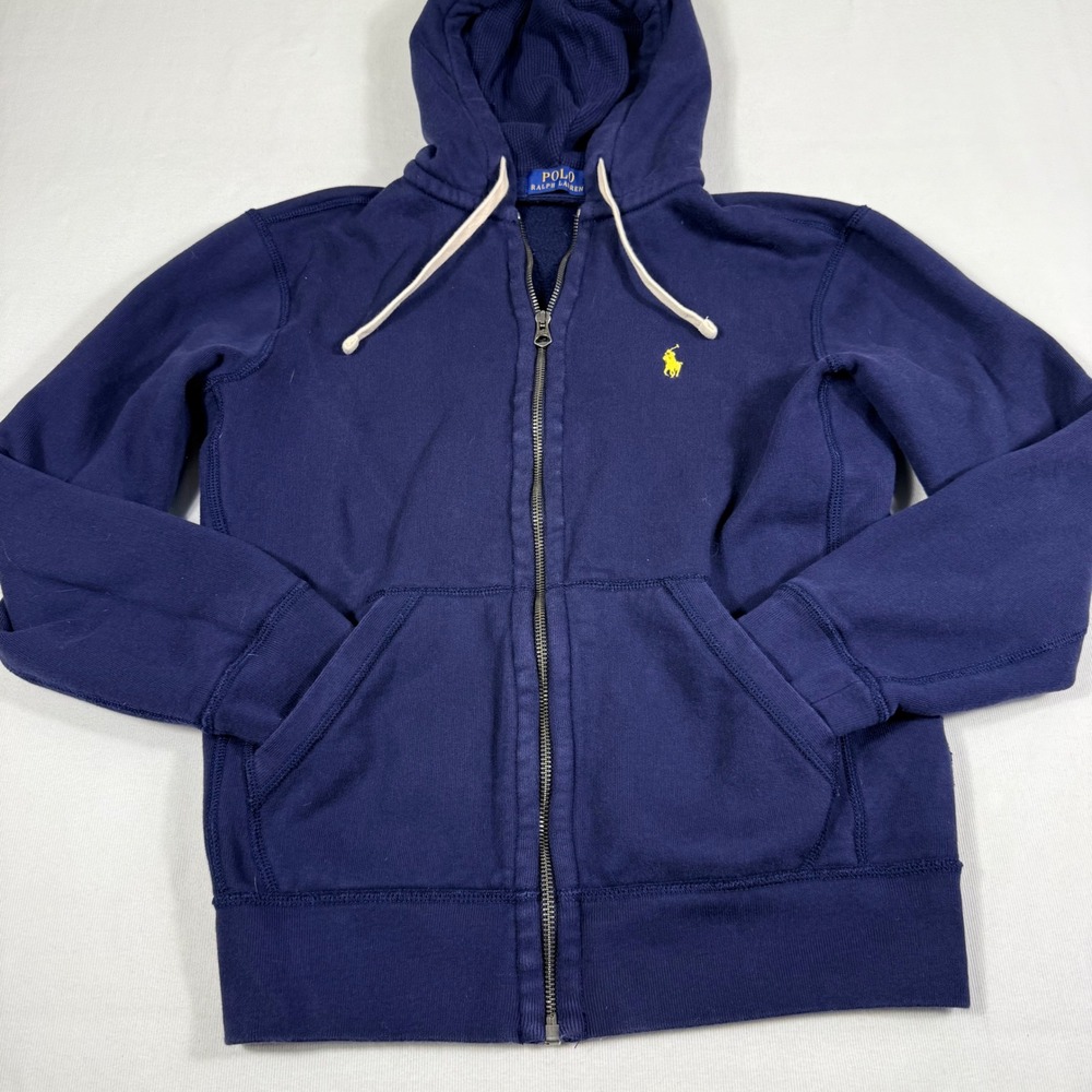 Polo Ralph Lauren Hoodie S Navy Blue Full Zip Yellow Pony Fleece Thermal Hood